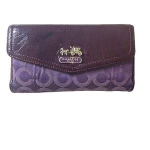 Coach Monogram Signature Print Purple Women's Large Wallet With Silver Hardware